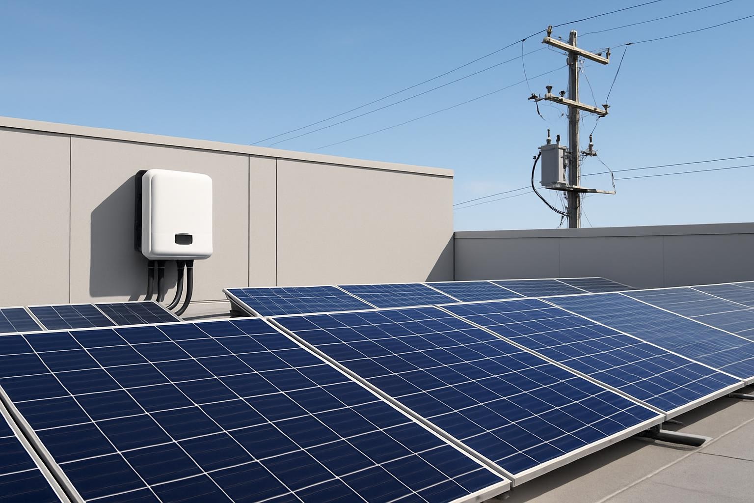 A high-resolution image of an on-grid solar system installation with solar panels connected to the utility grid.