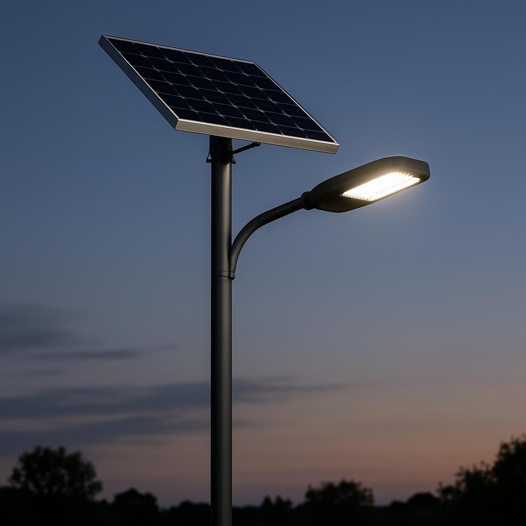 A realistic and high-quality image of a modern solar-powered street light with a sleek pole, visible solar panel on top, and LED lamp, at dusk in an urban or rural setting. The solar panel and lamp should be clearly shown and the style should be professional for a commercial website.