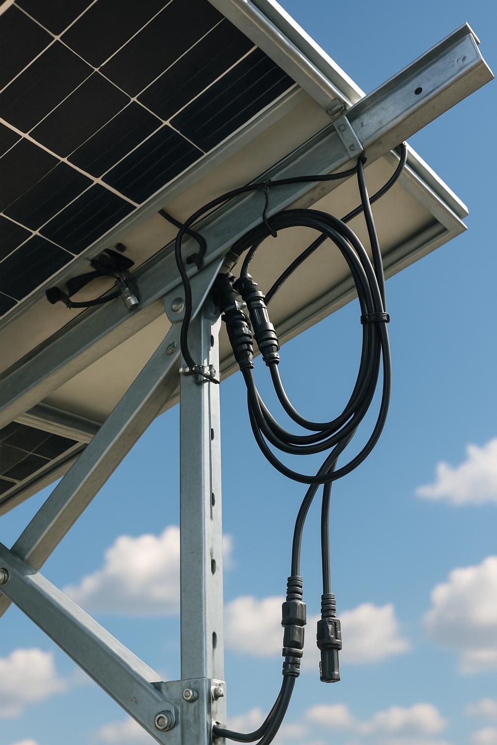 A metal frame supporting solar panels in a sunny outdoor setting, with two long black cables and connectors attached.
