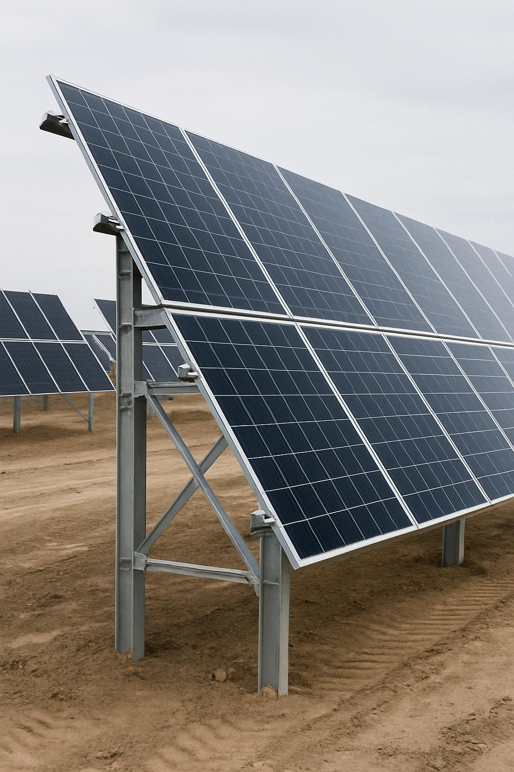 This is the alt text for the image: A solar panel installation with several panels on metal frames in the background.