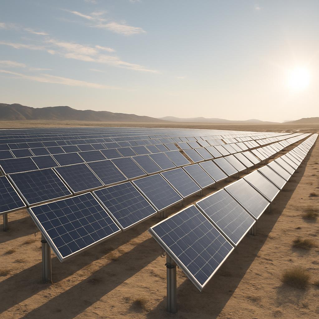 Rows of solar panels in a desert or similar dry landscape under clear skies with no visible clouds.