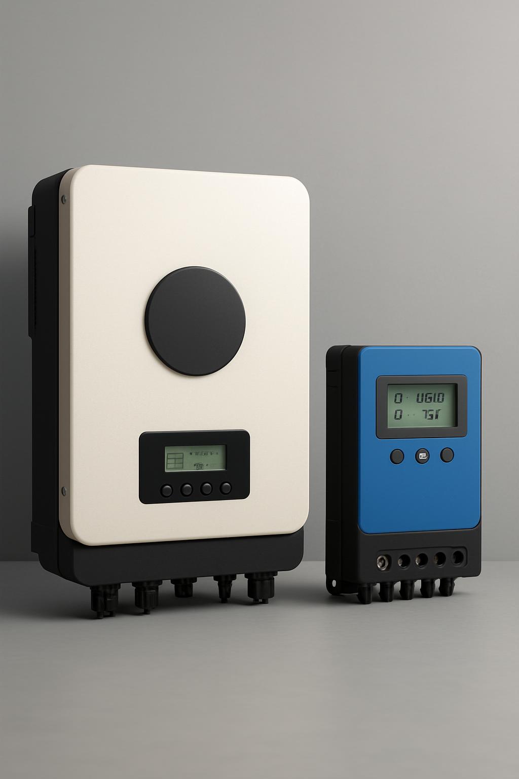 A collection of different solar power inverter devices are displayed against a grey background.
